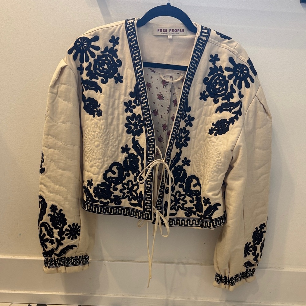 Free People Cream Cropped Bomber Jacket with Black Floral Embroidery